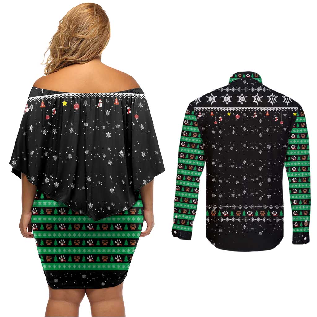 Christmas Colorful Dog Pawprint Couples Matching Off Shoulder Short Dress and Long Sleeve Button Shirt Black Snowflake Pattern Design - Wonder Print Shop