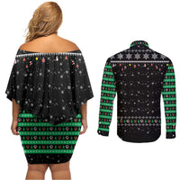 Christmas Colorful Dog Pawprint Couples Matching Off Shoulder Short Dress and Long Sleeve Button Shirt Black Snowflake Pattern Design - Wonder Print Shop