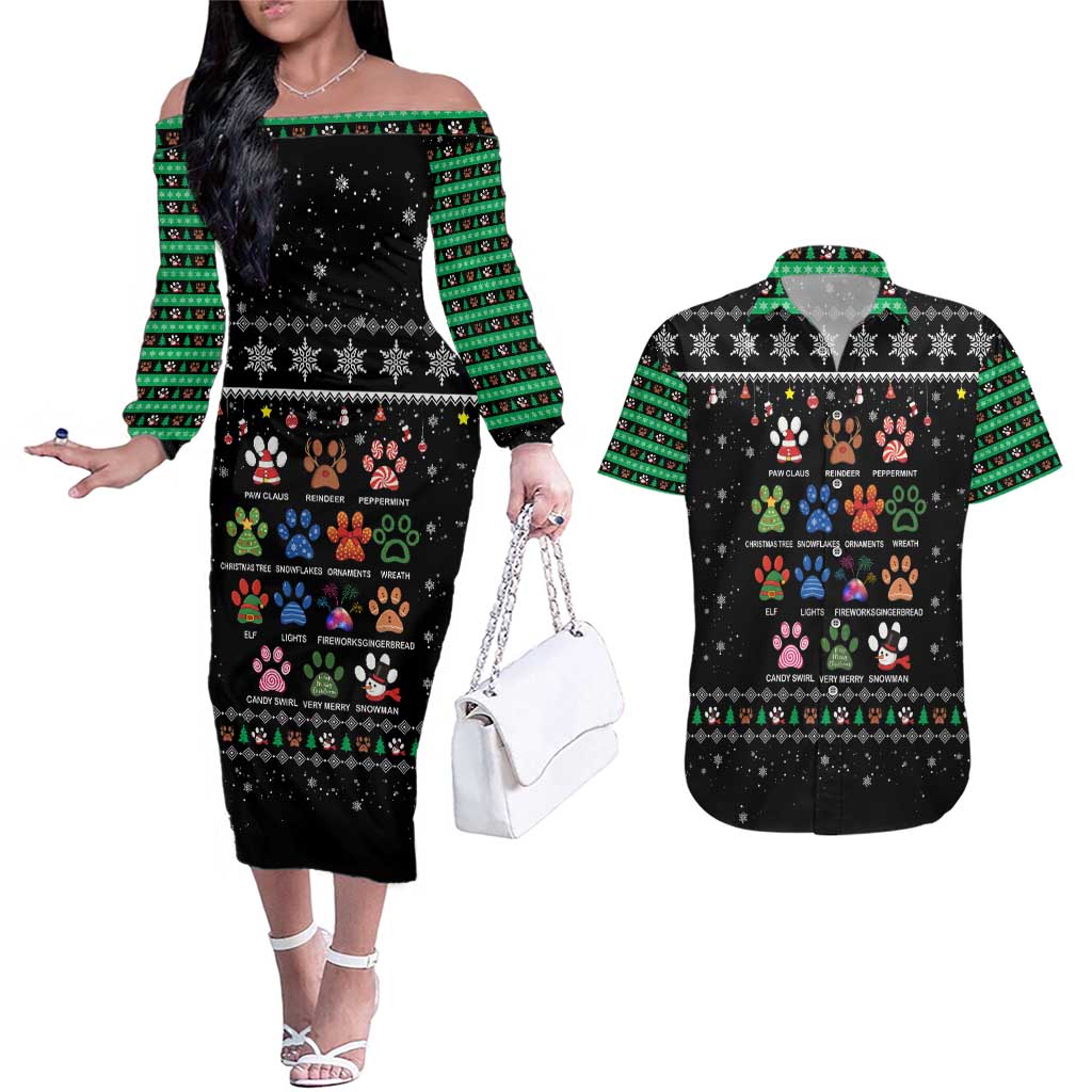 Christmas Colorful Dog Pawprint Couples Matching Off The Shoulder Long Sleeve Dress and Hawaiian Shirt Black Snowflake Pattern Design - Wonder Print Shop