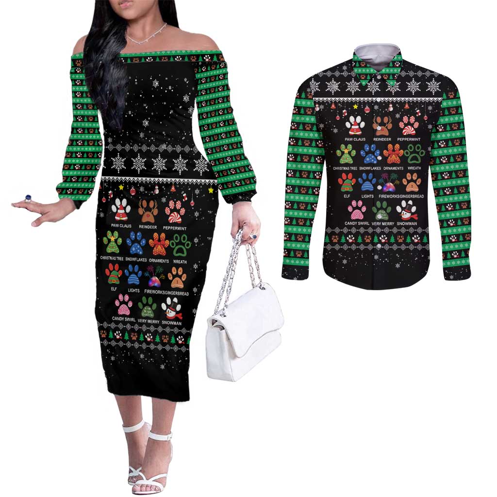 Christmas Colorful Dog Pawprint Couples Matching Off The Shoulder Long Sleeve Dress and Long Sleeve Button Shirt Black Snowflake Pattern Design - Wonder Print Shop
