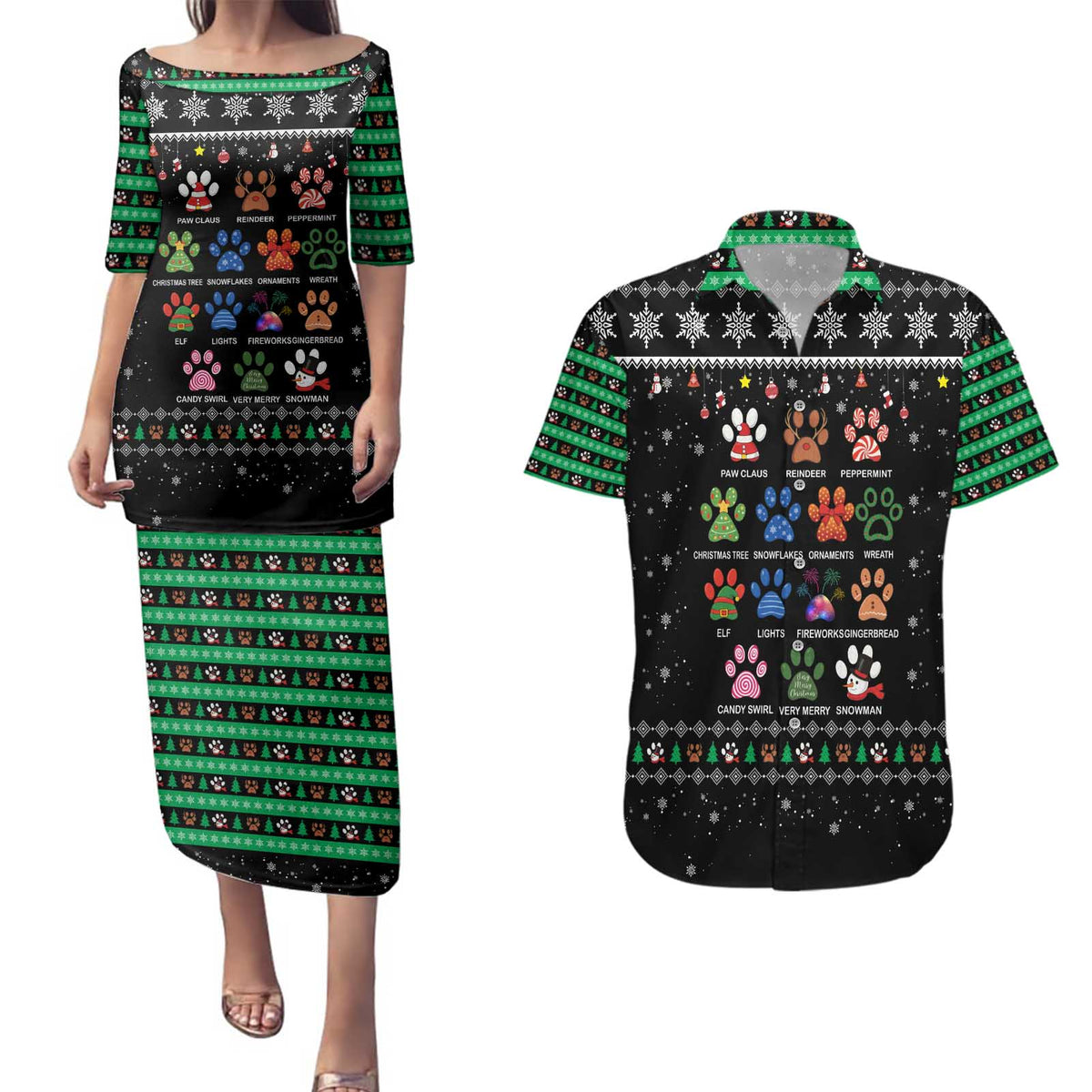 Christmas Colorful Dog Pawprint Couples Matching Puletasi and Hawaiian Shirt Black Snowflake Pattern Design - Wonder Print Shop