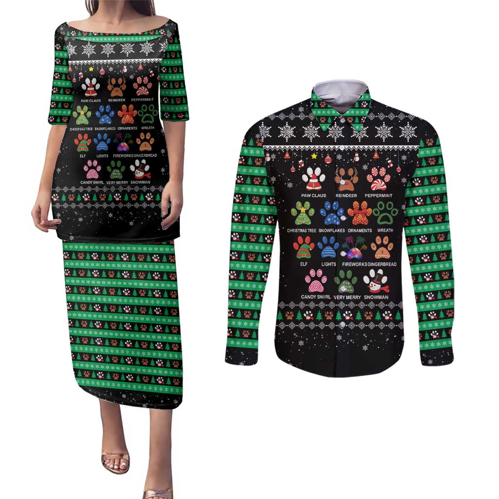 Christmas Colorful Dog Pawprint Couples Matching Puletasi and Long Sleeve Button Shirt Black Snowflake Pattern Design - Wonder Print Shop