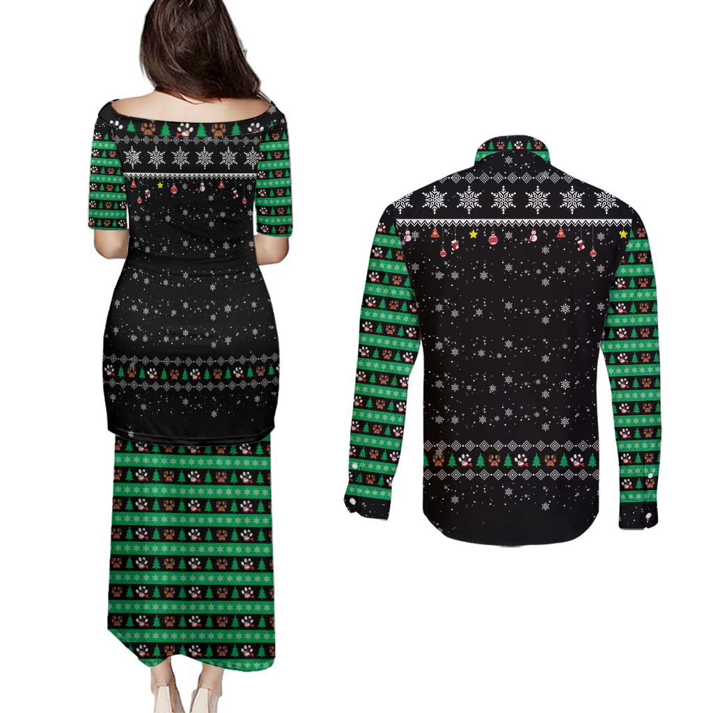 Christmas Colorful Dog Pawprint Couples Matching Puletasi and Long Sleeve Button Shirt Black Snowflake Pattern Design - Wonder Print Shop