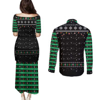 Christmas Colorful Dog Pawprint Couples Matching Puletasi and Long Sleeve Button Shirt Black Snowflake Pattern Design - Wonder Print Shop