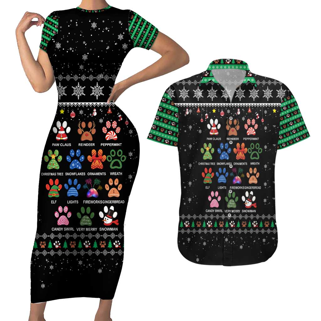Christmas Colorful Dog Pawprint Couples Matching Short Sleeve Bodycon Dress and Hawaiian Shirt Black Snowflake Pattern Design - Wonder Print Shop