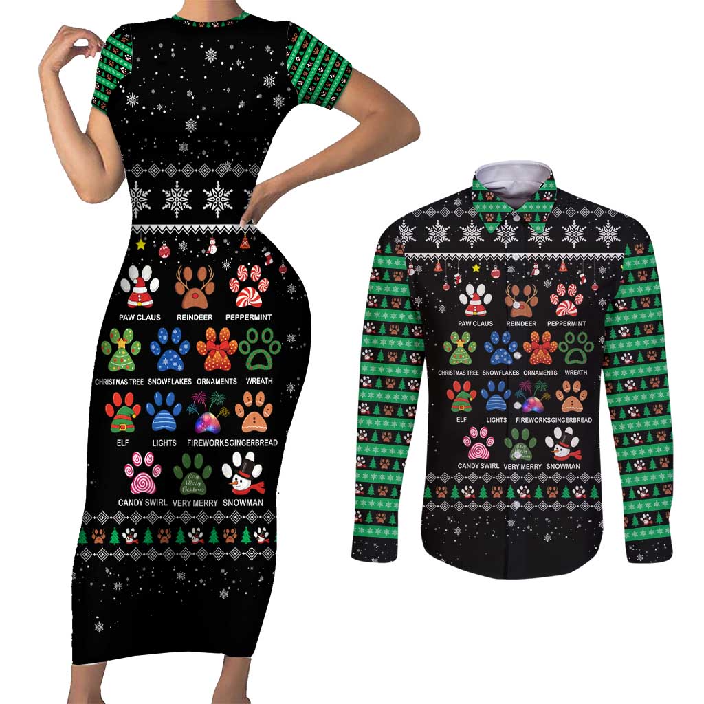 Christmas Colorful Dog Pawprint Couples Matching Short Sleeve Bodycon Dress and Long Sleeve Button Shirt Black Snowflake Pattern Design - Wonder Print Shop