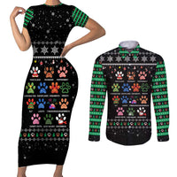 Christmas Colorful Dog Pawprint Couples Matching Short Sleeve Bodycon Dress and Long Sleeve Button Shirt Black Snowflake Pattern Design - Wonder Print Shop