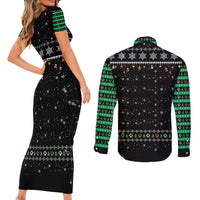 Christmas Colorful Dog Pawprint Couples Matching Short Sleeve Bodycon Dress and Long Sleeve Button Shirt Black Snowflake Pattern Design - Wonder Print Shop