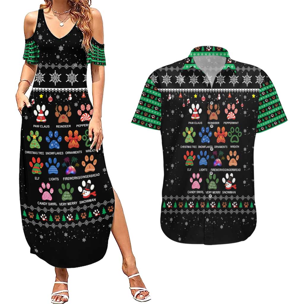 Christmas Colorful Dog Pawprint Couples Matching Summer Maxi Dress and Hawaiian Shirt Black Snowflake Pattern Design - Wonder Print Shop
