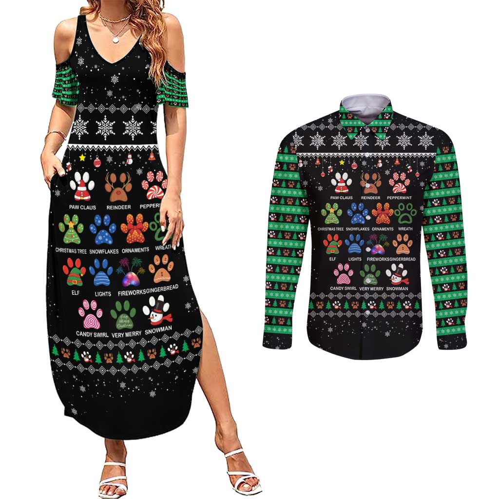 Christmas Colorful Dog Pawprint Couples Matching Summer Maxi Dress and Long Sleeve Button Shirt Black Snowflake Pattern Design - Wonder Print Shop