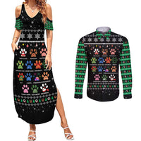 Christmas Colorful Dog Pawprint Couples Matching Summer Maxi Dress and Long Sleeve Button Shirt Black Snowflake Pattern Design - Wonder Print Shop