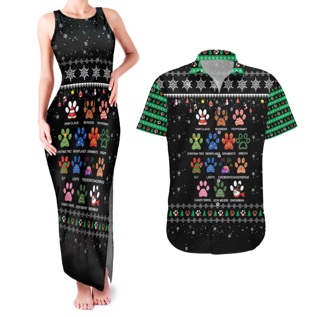Christmas Colorful Dog Pawprint Couples Matching Tank Maxi Dress and Hawaiian Shirt Black Snowflake Pattern Design - Wonder Print Shop