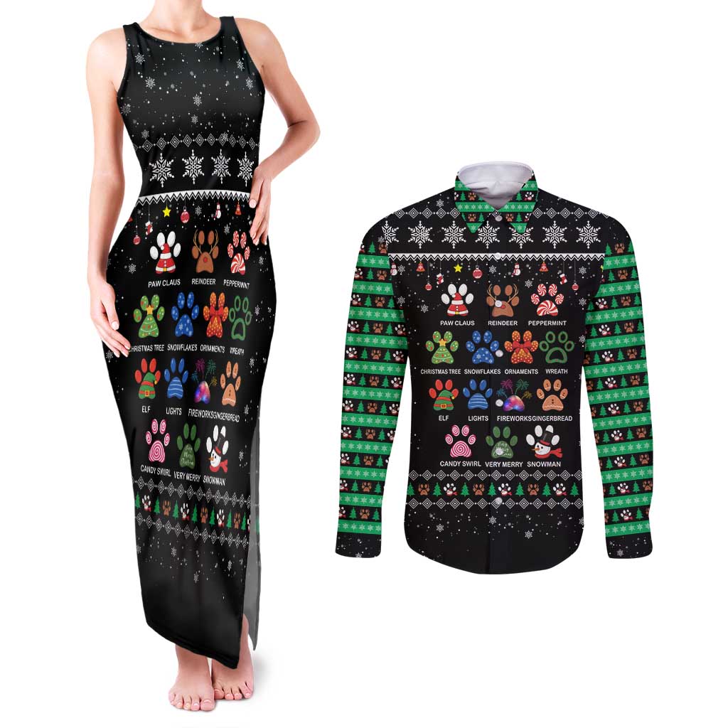 Christmas Colorful Dog Pawprint Couples Matching Tank Maxi Dress and Long Sleeve Button Shirt Black Snowflake Pattern Design - Wonder Print Shop
