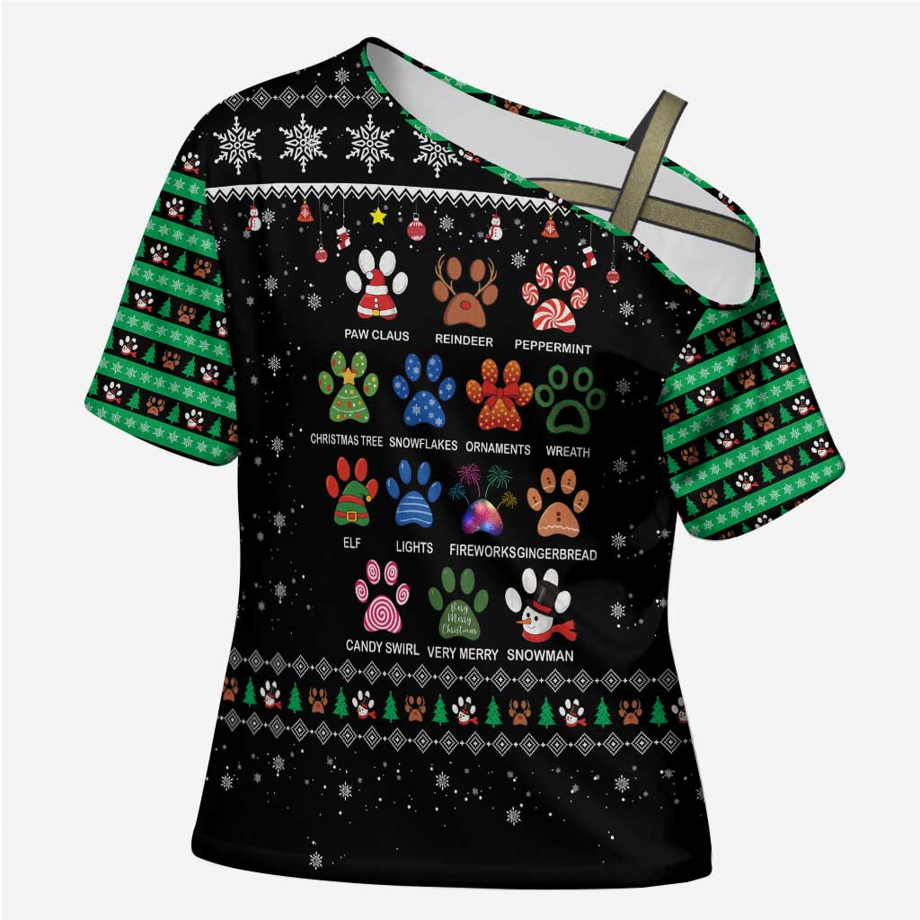 Christmas Colorful Dog Pawprint Cross Shoulder Shirt Black Snowflake Pattern Design - Wonder Print Shop