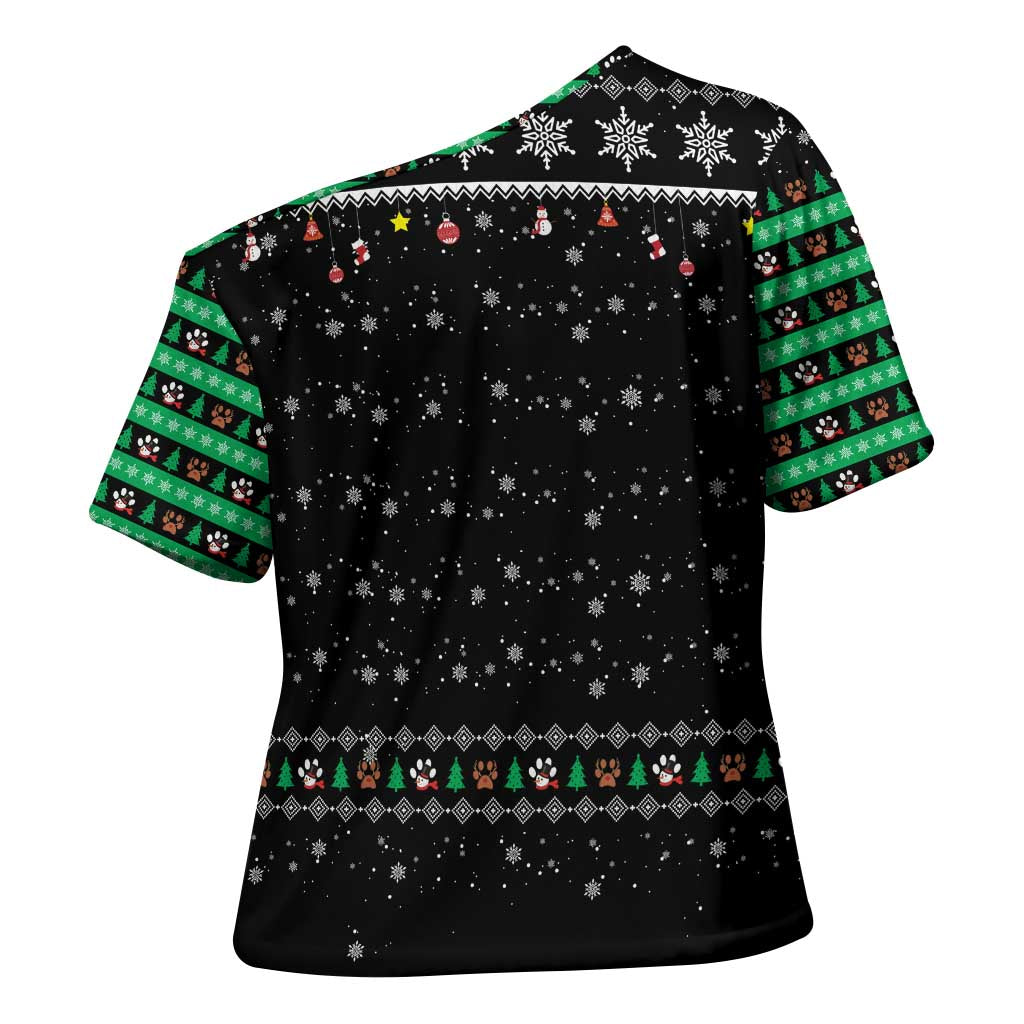 Christmas Colorful Dog Pawprint Cross Shoulder Shirt Black Snowflake Pattern Design - Wonder Print Shop