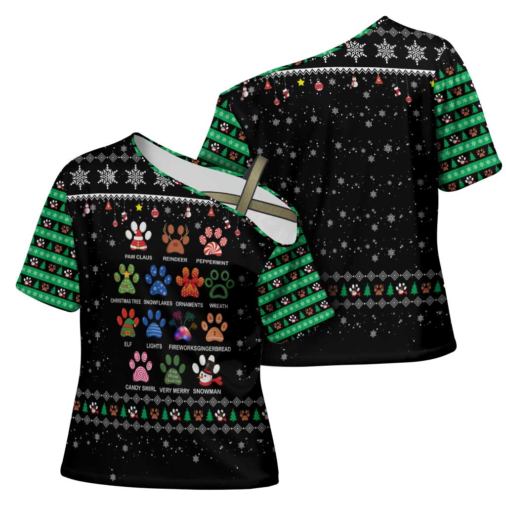 Christmas Colorful Dog Pawprint Cross Shoulder Shirt Black Snowflake Pattern Design - Wonder Print Shop