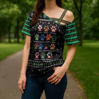 Christmas Colorful Dog Pawprint Cross Shoulder Shirt Black Snowflake Pattern Design - Wonder Print Shop