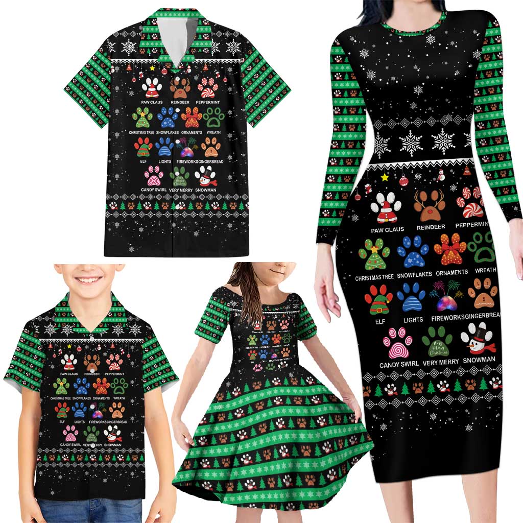 Christmas Colorful Dog Pawprint Family Matching Long Sleeve Bodycon Dress and Hawaiian Shirt Black Snowflake Pattern Design - Wonder Print Shop