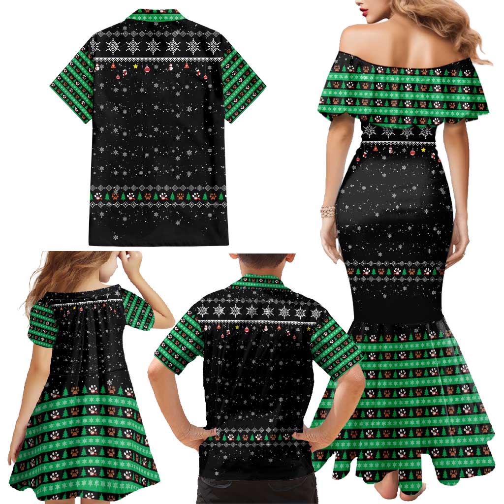 Christmas Colorful Dog Pawprint Family Matching Mermaid Dress and Hawaiian Shirt Black Snowflake Pattern Design - Wonder Print Shop