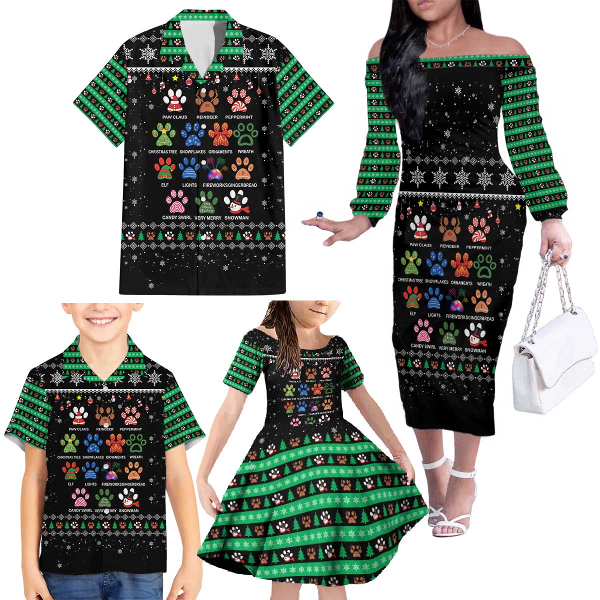Christmas Colorful Dog Pawprint Family Matching Off The Shoulder Long Sleeve Dress and Hawaiian Shirt Black Snowflake Pattern Design - Wonder Print Shop