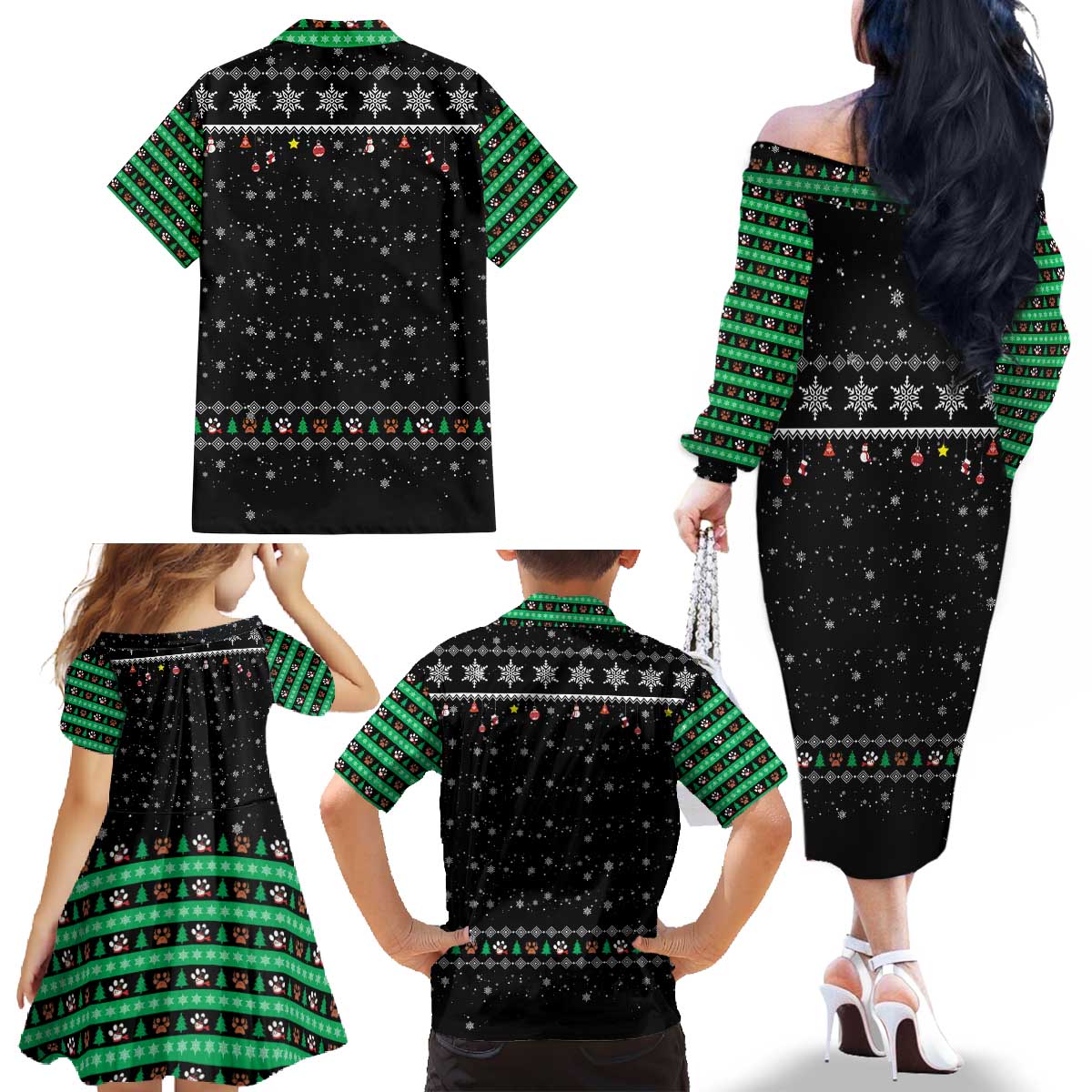 Christmas Colorful Dog Pawprint Family Matching Off The Shoulder Long Sleeve Dress and Hawaiian Shirt Black Snowflake Pattern Design - Wonder Print Shop