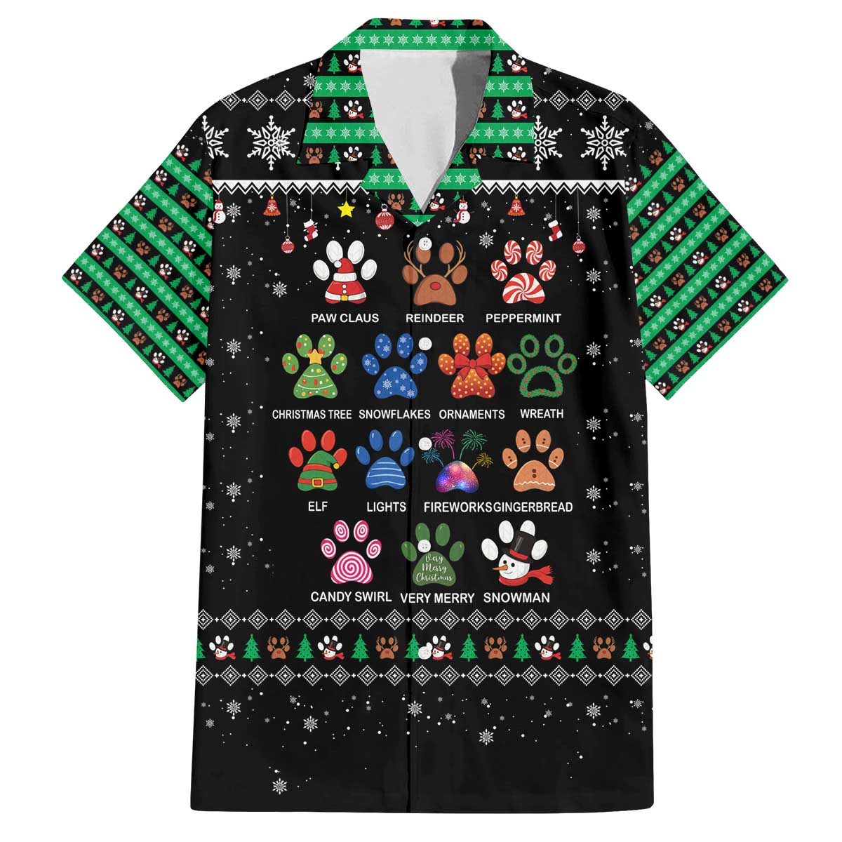 Christmas Colorful Dog Pawprint Family Matching Off The Shoulder Long Sleeve Dress and Hawaiian Shirt Black Snowflake Pattern Design - Wonder Print Shop
