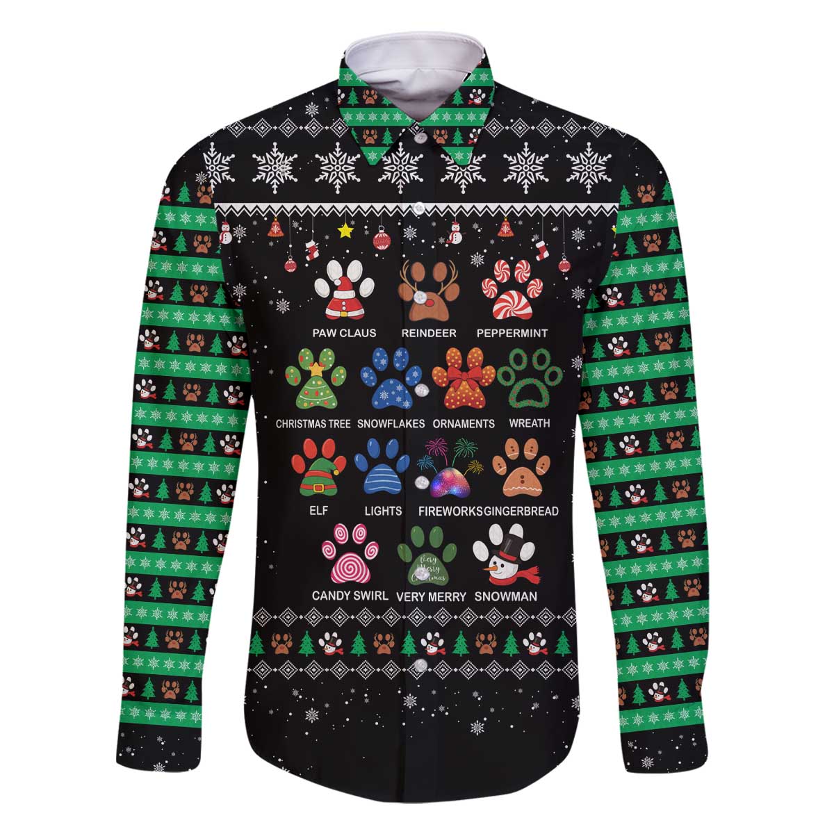 Christmas Colorful Dog Pawprint Family Matching Off The Shoulder Long Sleeve Dress and Hawaiian Shirt Black Snowflake Pattern Design - Wonder Print Shop
