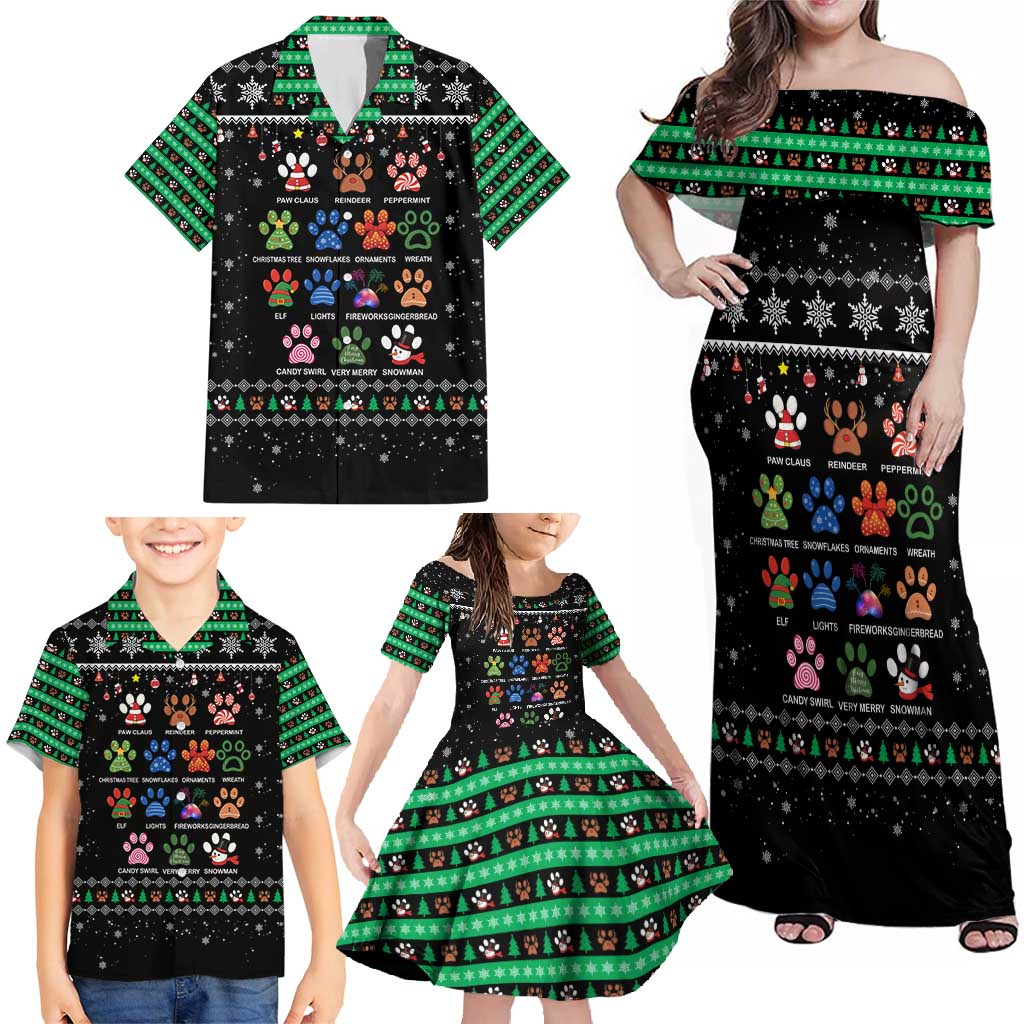 Christmas Colorful Dog Pawprint Family Matching Off Shoulder Maxi Dress and Hawaiian Shirt Black Snowflake Pattern Design - Wonder Print Shop