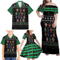 Christmas Colorful Dog Pawprint Family Matching Off Shoulder Maxi Dress and Hawaiian Shirt Black Snowflake Pattern Design - Wonder Print Shop