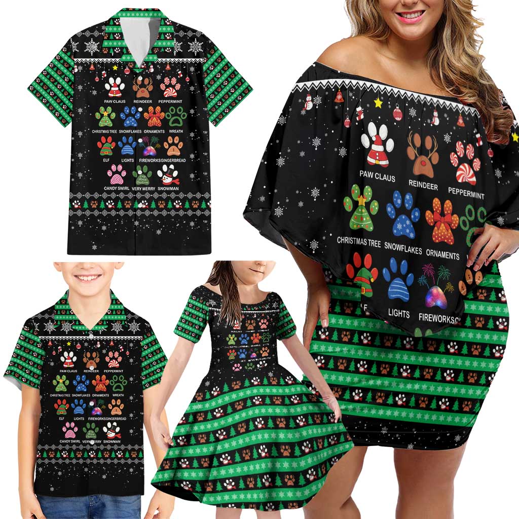 Christmas Colorful Dog Pawprint Family Matching Off Shoulder Short Dress and Hawaiian Shirt Black Snowflake Pattern Design - Wonder Print Shop