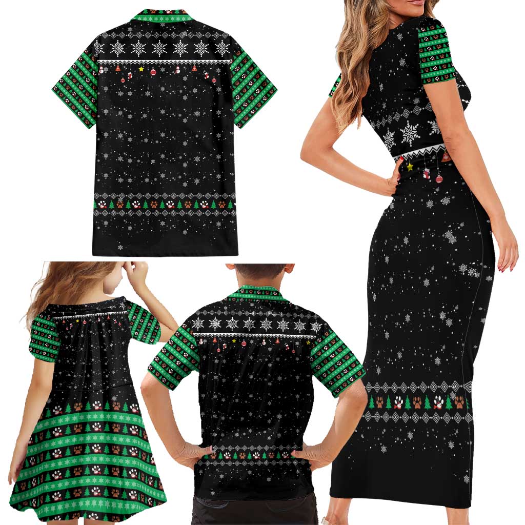 Christmas Colorful Dog Pawprint Family Matching Short Sleeve Bodycon Dress and Hawaiian Shirt Black Snowflake Pattern Design - Wonder Print Shop