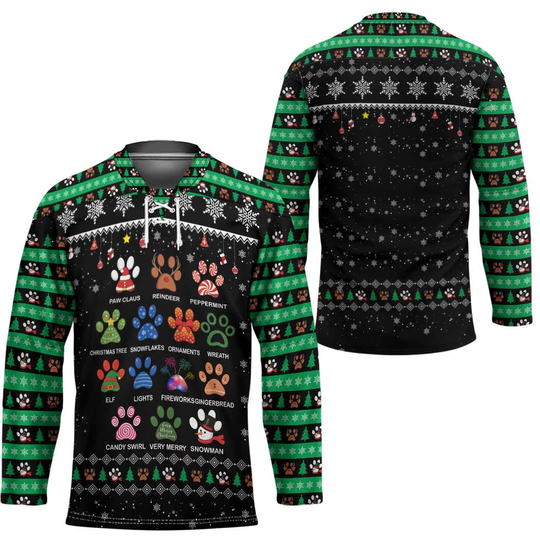 Christmas Colorful Dog Pawprint Hockey Jersey Black Snowflake Pattern Design - Wonder Print Shop