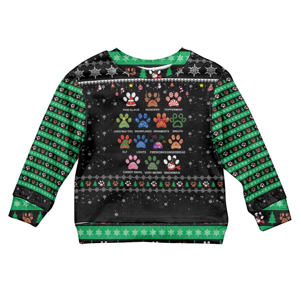 Christmas Colorful Dog Pawprint Kid Ugly Christmas Sweater Black Snowflake Pattern Design - Wonder Print Shop