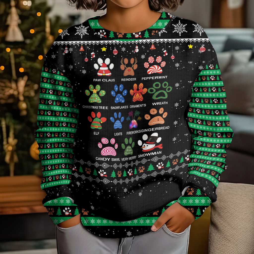 Christmas Colorful Dog Pawprint Kid Ugly Christmas Sweater Black Snowflake Pattern Design - Wonder Print Shop
