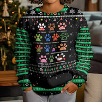 Christmas Colorful Dog Pawprint Kid Ugly Christmas Sweater Black Snowflake Pattern Design - Wonder Print Shop