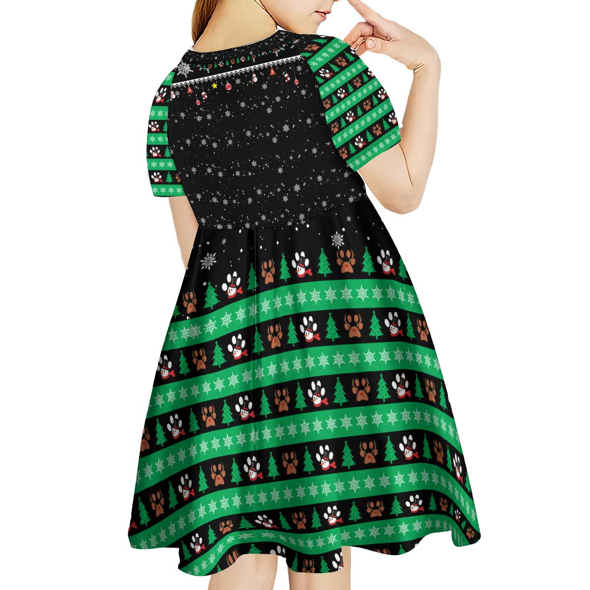 Christmas Colorful Dog Pawprint Kid Short Sleeve Dress Black Snowflake Pattern Design - Wonder Print Shop