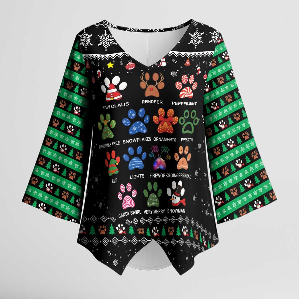 Christmas Colorful Dog Pawprint Kimono Sleeve Blouse Black Snowflake Pattern Design - Wonder Print Shop