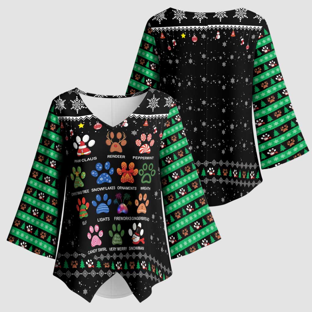 Christmas Colorful Dog Pawprint Kimono Sleeve Blouse Black Snowflake Pattern Design - Wonder Print Shop