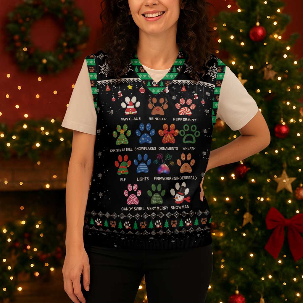 Christmas Colorful Dog Pawprint Christmas Knitted V-Neck Vest Black Snowflake Pattern Design - Wonder Print Shop