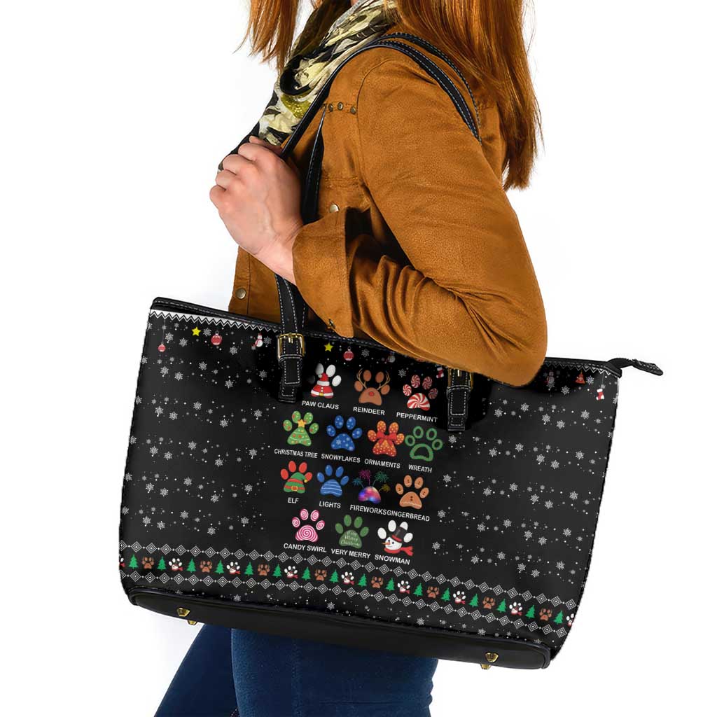 Christmas Colorful Dog Pawprint Leather Tote Bag Black Snowflake Pattern Design - Wonder Print Shop