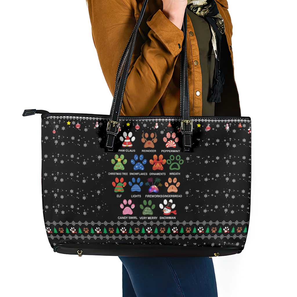 Christmas Colorful Dog Pawprint Leather Tote Bag Black Snowflake Pattern Design - Wonder Print Shop