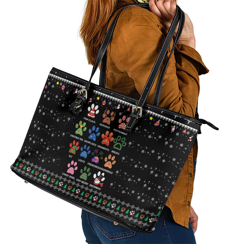 Christmas Colorful Dog Pawprint Leather Tote Bag Black Snowflake Pattern Design - Wonder Print Shop