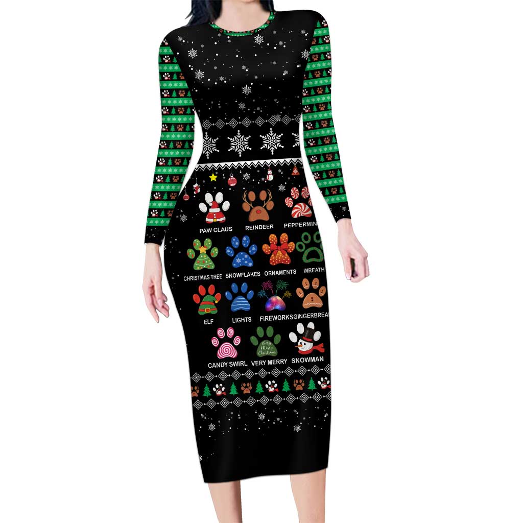Christmas Colorful Dog Pawprint Long Sleeve Bodycon Dress Black Snowflake Pattern Design - Wonder Print Shop