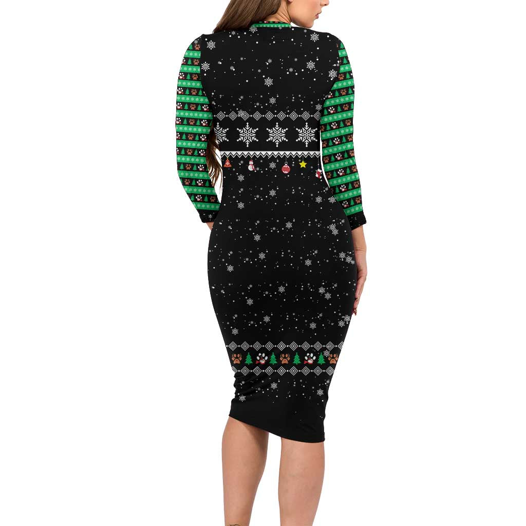 Christmas Colorful Dog Pawprint Long Sleeve Bodycon Dress Black Snowflake Pattern Design - Wonder Print Shop
