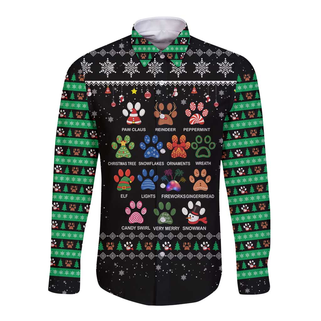 Christmas Colorful Dog Pawprint Long Sleeve Button Shirt Black Snowflake Pattern Design - Wonder Print Shop
