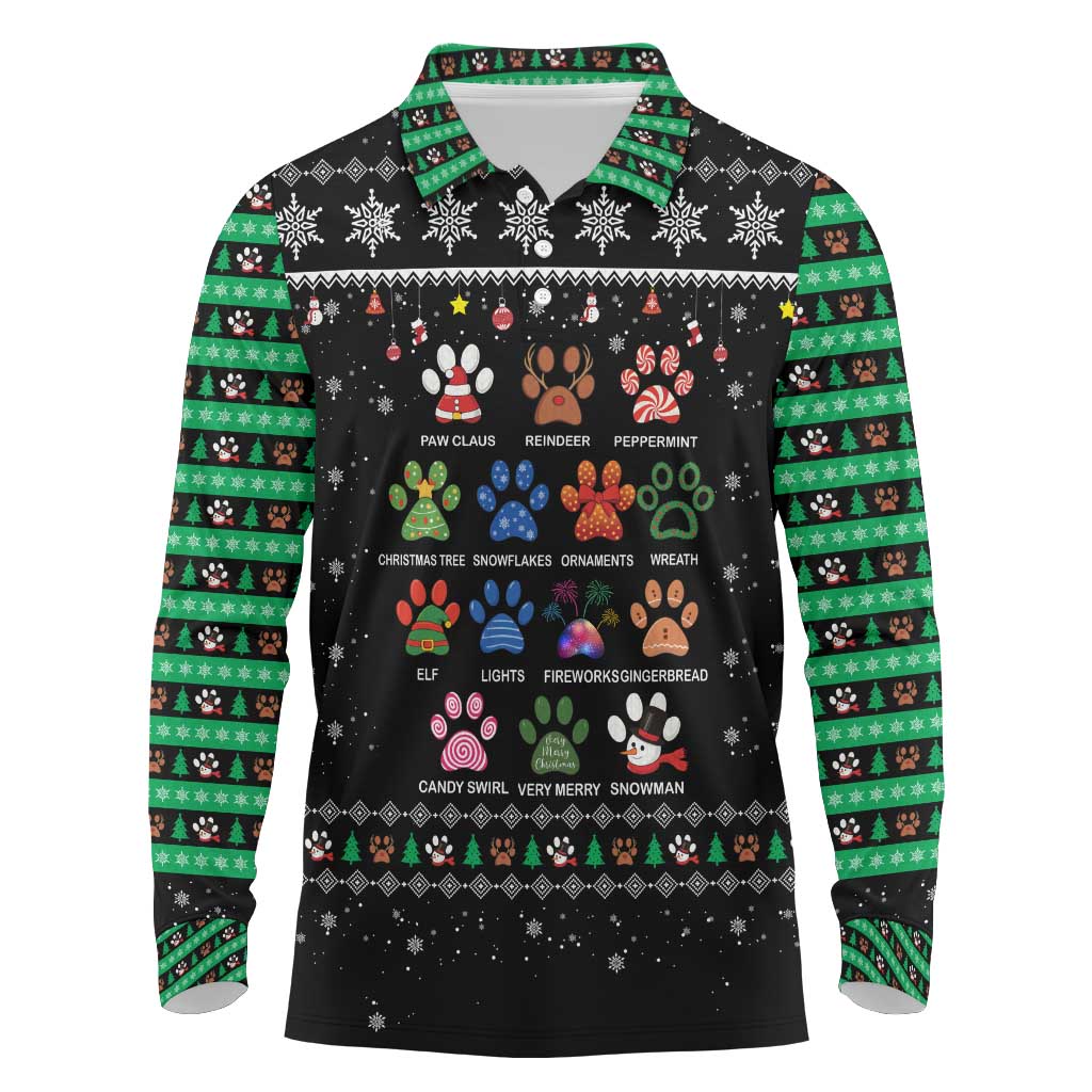 Christmas Colorful Dog Pawprint Long Sleeve Polo Shirt Black Snowflake Pattern Design - Wonder Print Shop