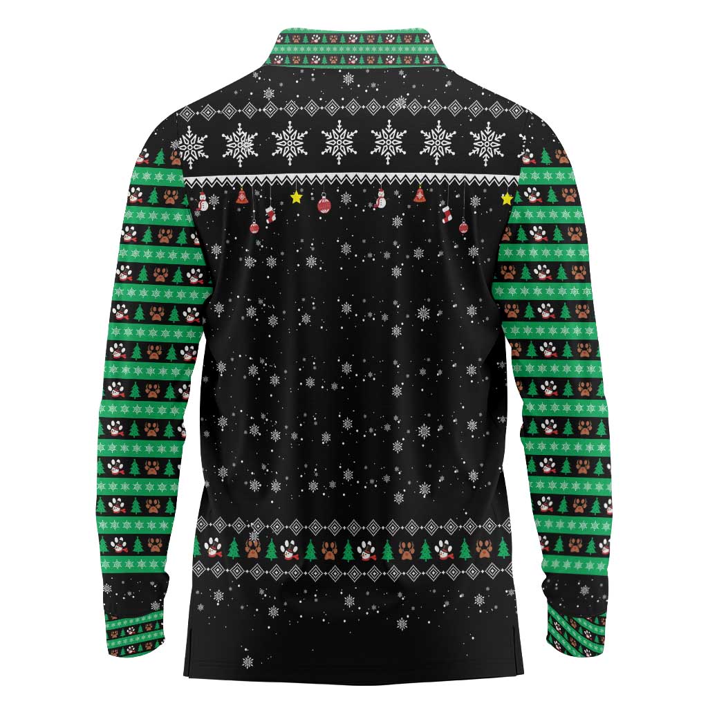 Christmas Colorful Dog Pawprint Long Sleeve Polo Shirt Black Snowflake Pattern Design - Wonder Print Shop