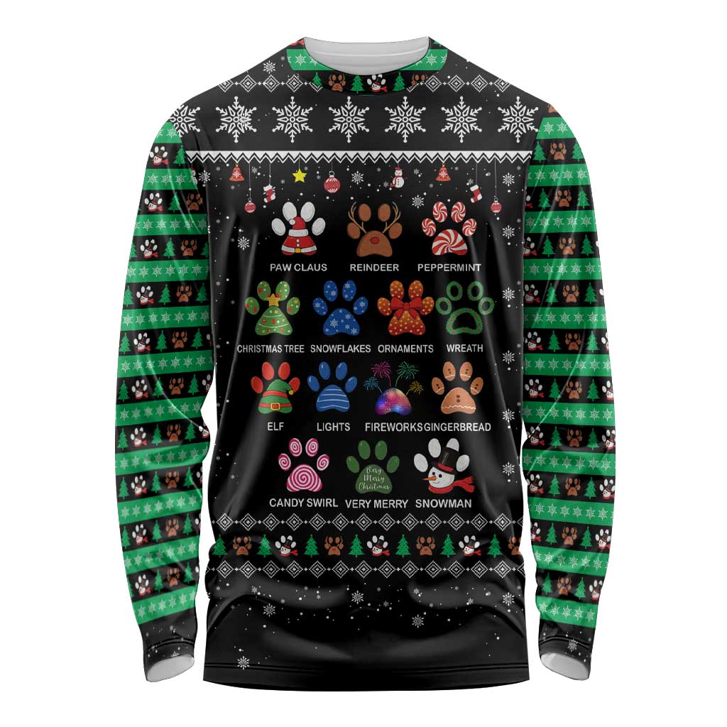 Christmas Colorful Dog Pawprint Long Sleeve Shirt Black Snowflake Pattern Design - Wonder Print Shop