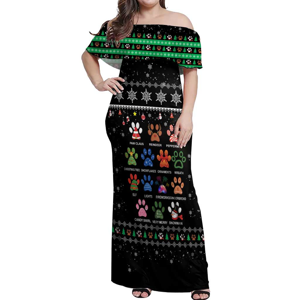 Christmas Colorful Dog Pawprint Off Shoulder Maxi Dress Black Snowflake Pattern Design - Wonder Print Shop
