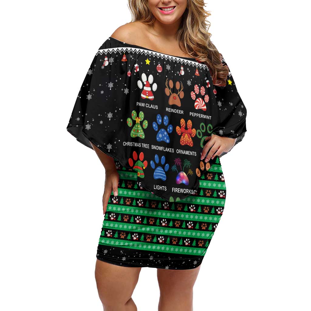 Christmas Colorful Dog Pawprint Off Shoulder Short Dress Black Snowflake Pattern Design - Wonder Print Shop